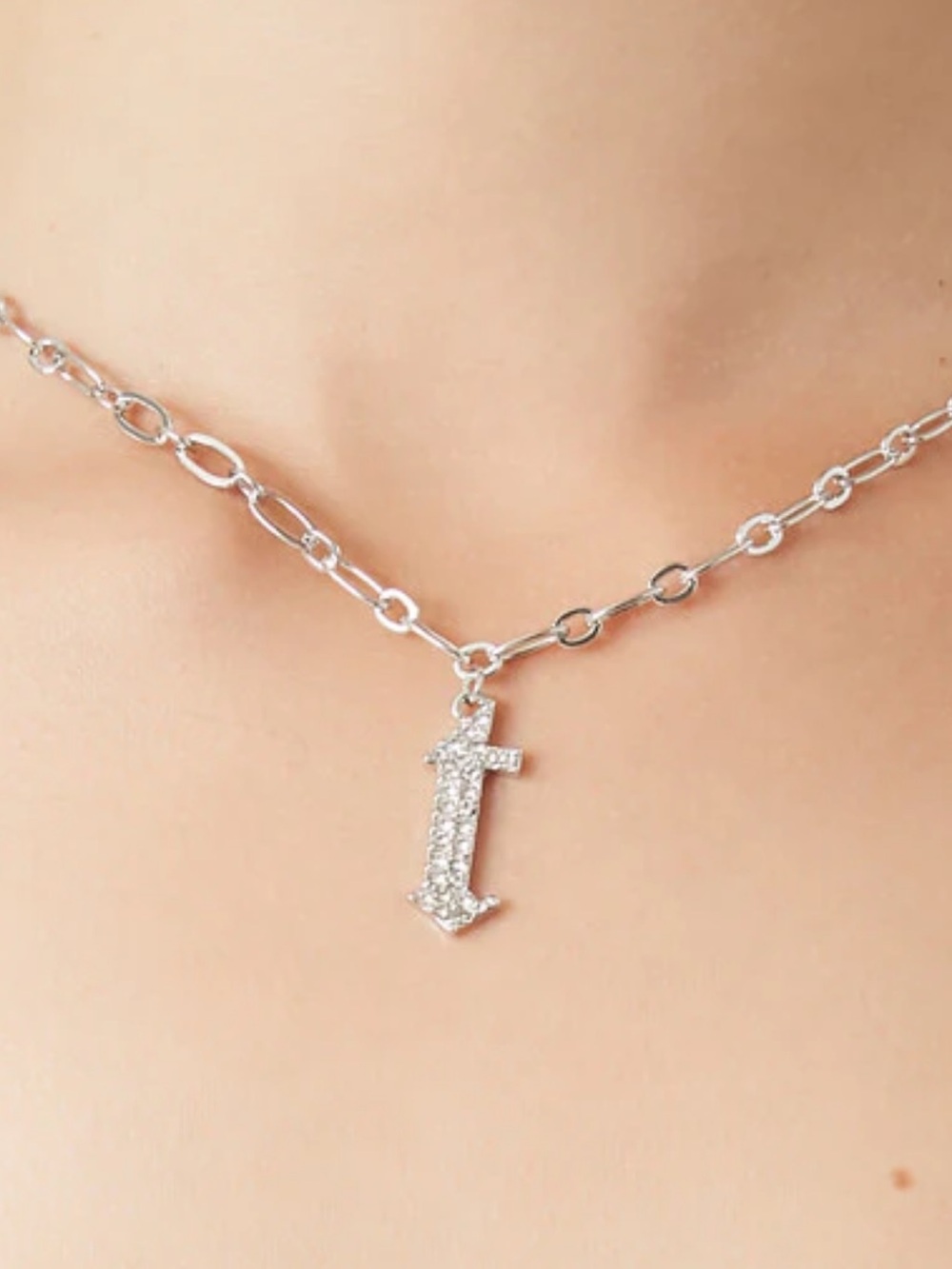 Forever 21 Silver Pave Initial T Pendant Necklace